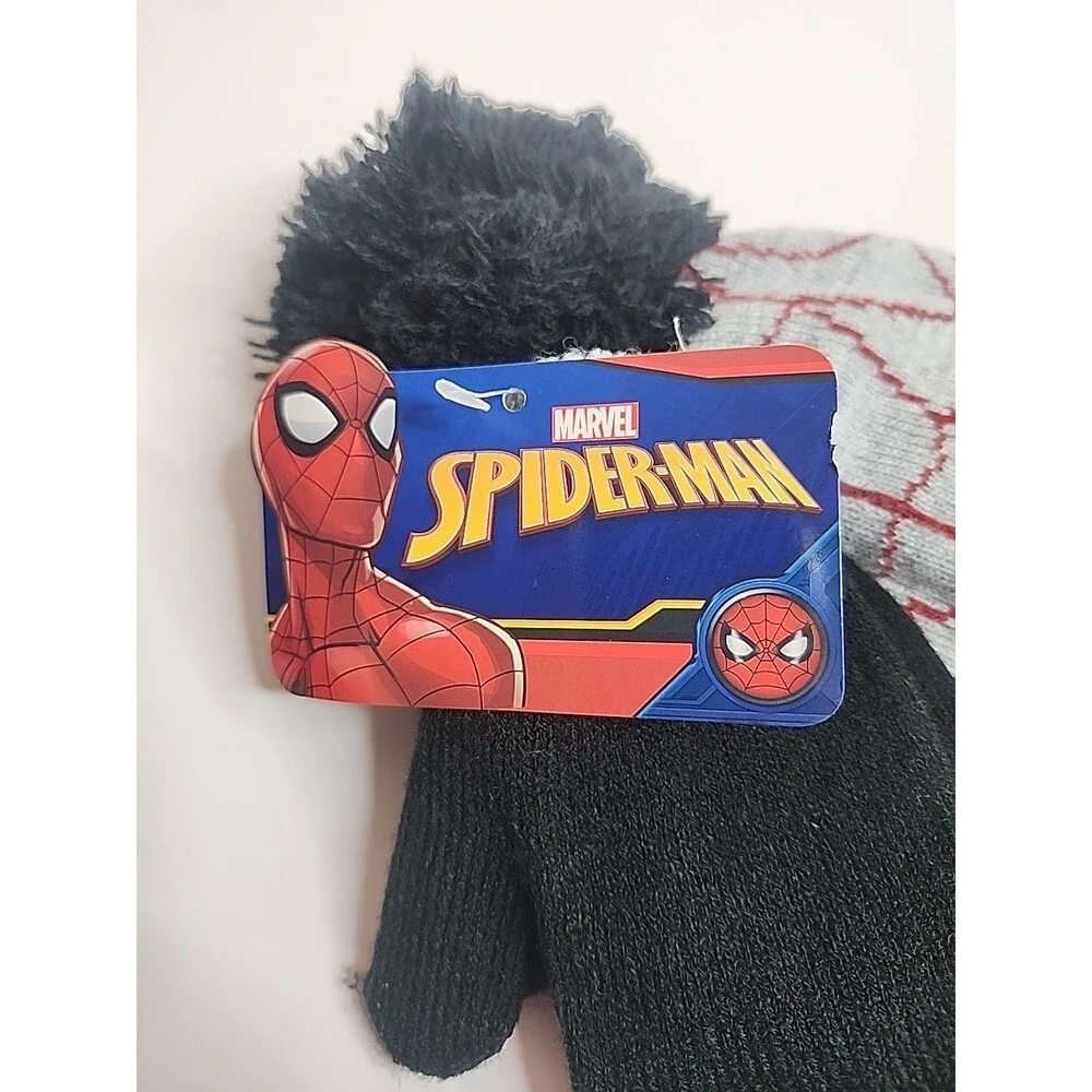 Spider-man Hat & Mitten 2 Piece Set Boys Cold Weather Gray Knit Red Marvel New